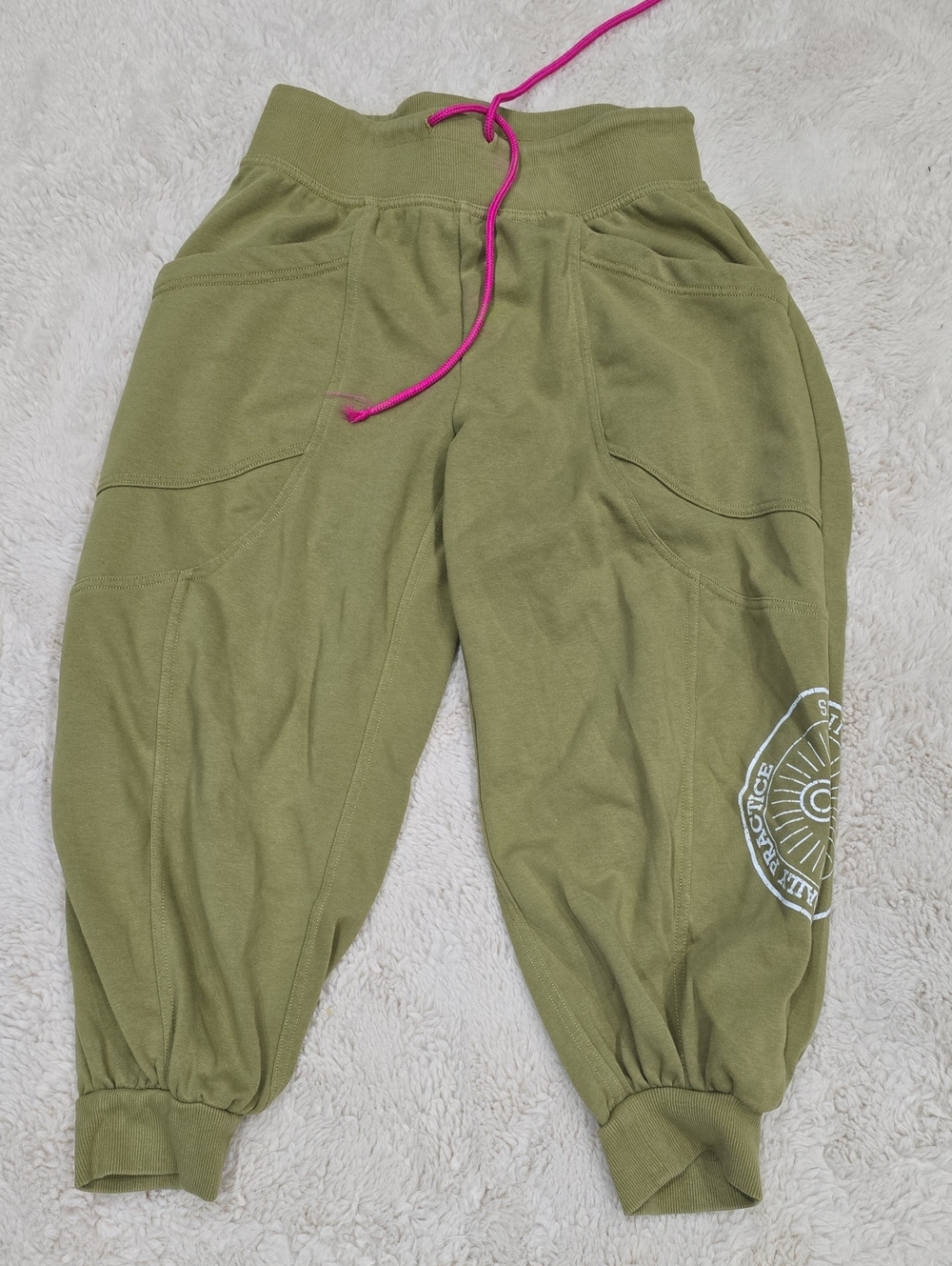 Olive Green Women's Jogger Capris with Pink Drawcord
